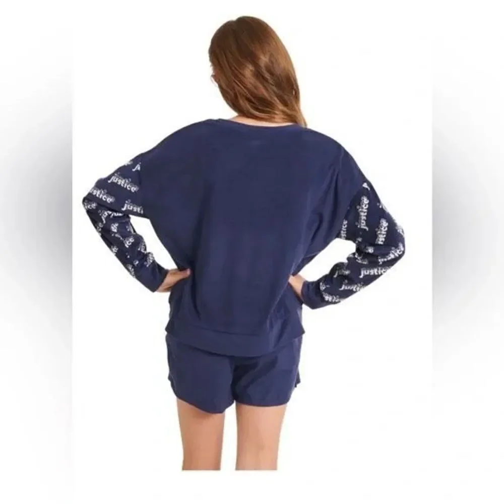 NWT Justice Girls Sz M (10) Cozy Fleece Long Sleeve Top & Sleep Short Pajama Set